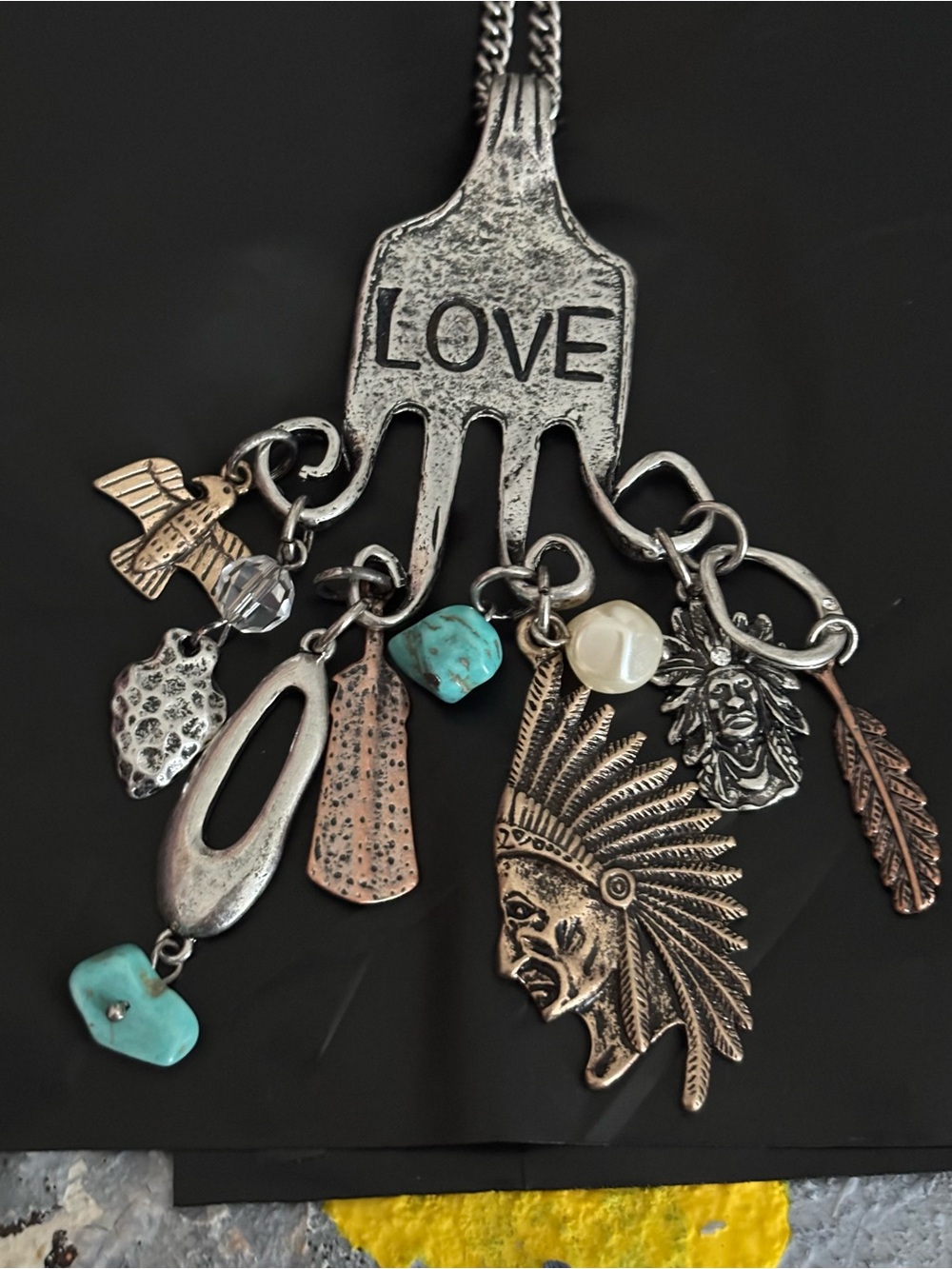Handcrafted LOVE Fork Pendant Charm Necklace with Turquoise & Pearl Accents